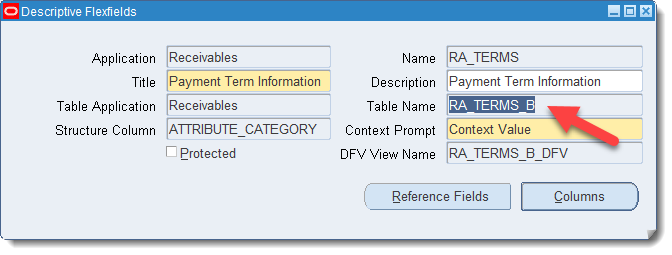 segmentos para descriptive flexfields - table