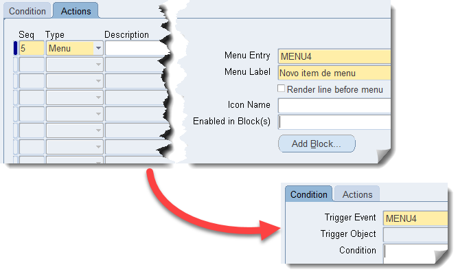 triggers disponíveis para personalização - menu x action